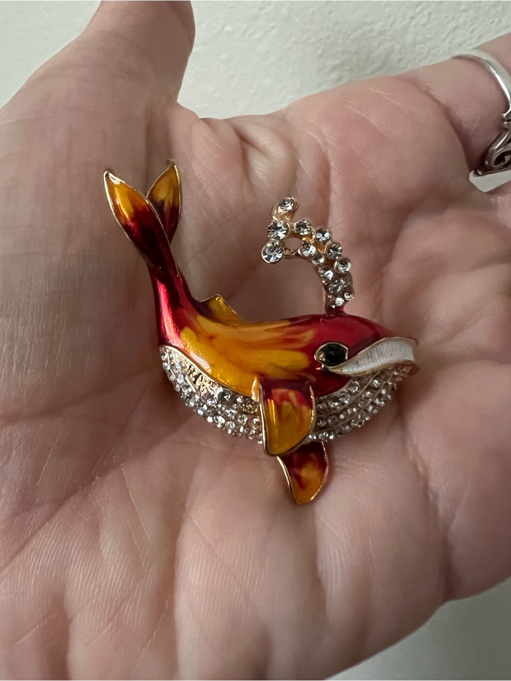 Whale Rhinestone Red Gold Tone Coastal Brooch